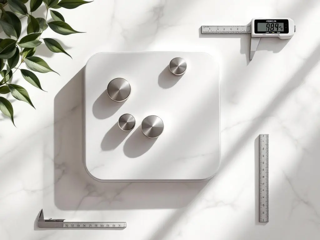 Precision measuring scale with metal weights, digital caliper, and ruler arranged on white marble surface