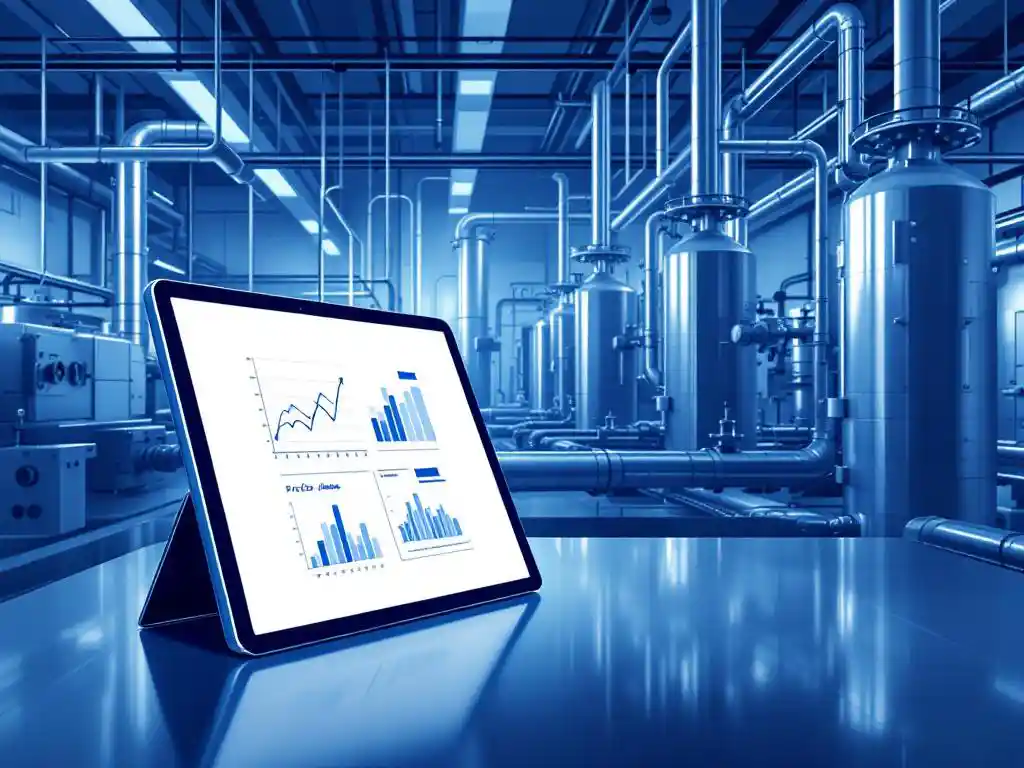 Digital tablet showing predictive analytics on control panel in modern industrial facility with blue and white machinery