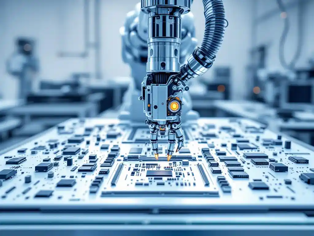 Robotic arm assembling circuit boards on white workstation in modern automated factory with chrome joints and blue lighting