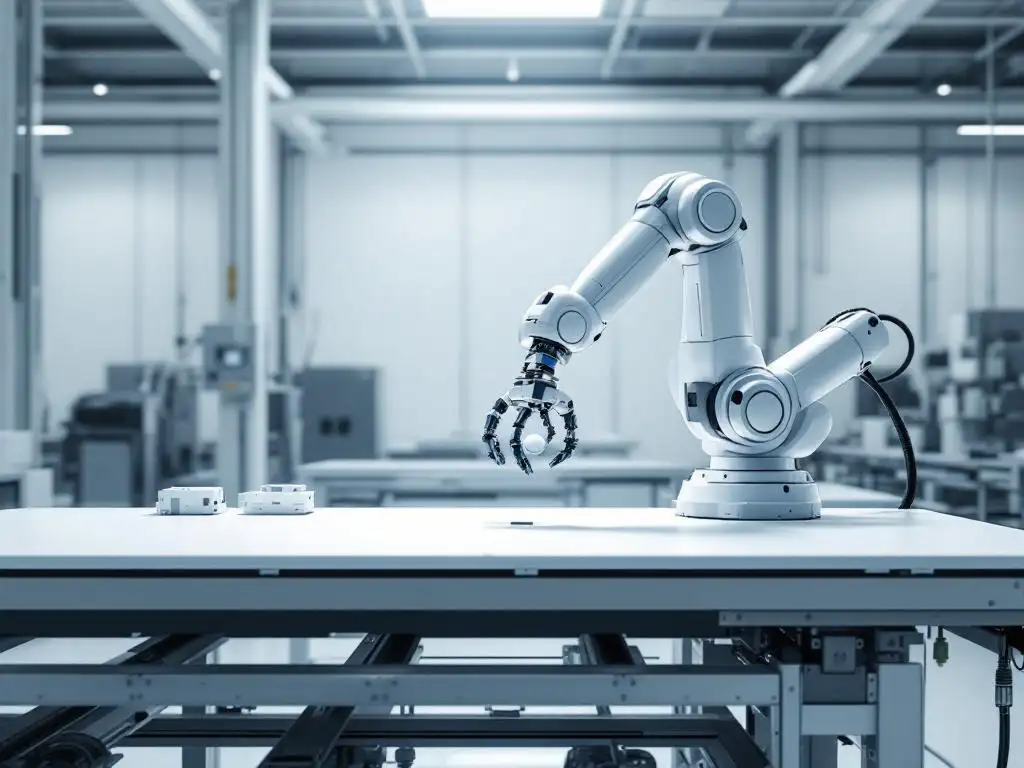 Industrial robotic arm assembling small manufacturing component on white workbench in modern factory with natural lighting.