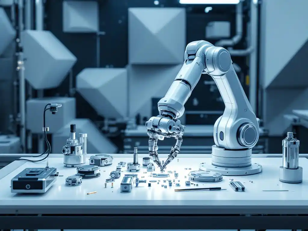 Robotic arm assembling mechanical components on white workbench in modern industrial facility with chrome surfaces
