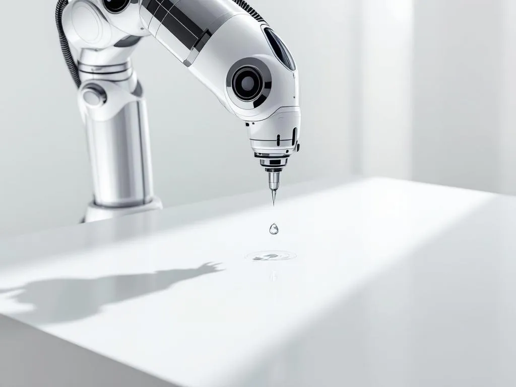 Chrome and white robotic arm with precision sensors positioned over minimalist white desk, water droplet at dispensing nozzle