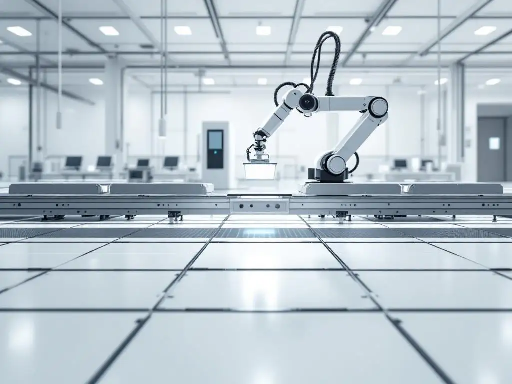 Robotic arm performing precision assembly work on clean industrial production line with digital displays and geometric floor patterns