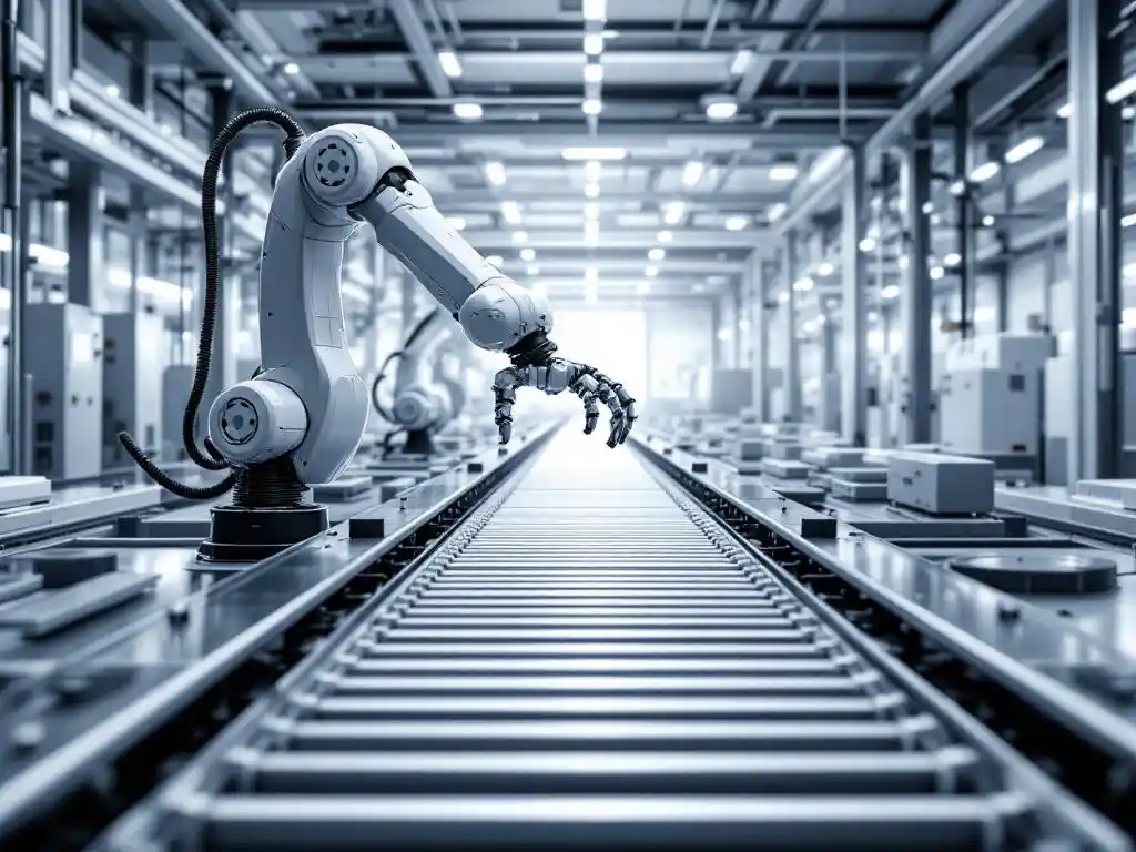 Robotic arm performing precise maintenance on industrial conveyor system in minimalist factory with geometric equipment