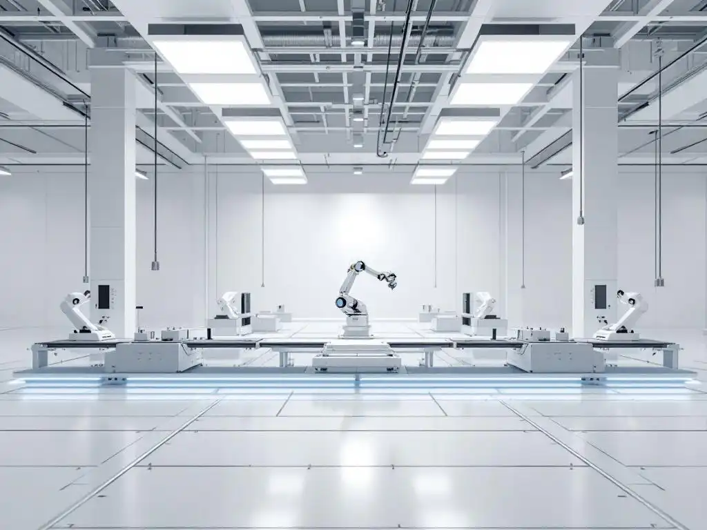 Modern robotic arm performing precise assembly work on clean industrial production line with white surfaces and blue accent lighting.