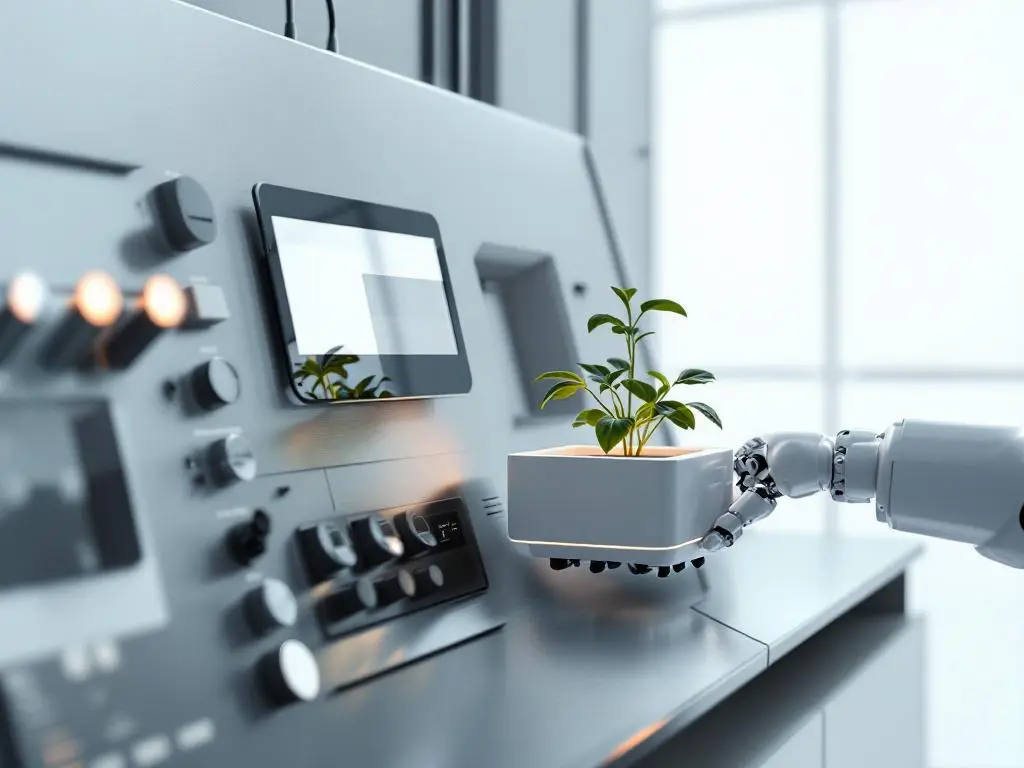 Robotic arm carefully tending to small green plant on white industrial control panel with geometric buttons and displays