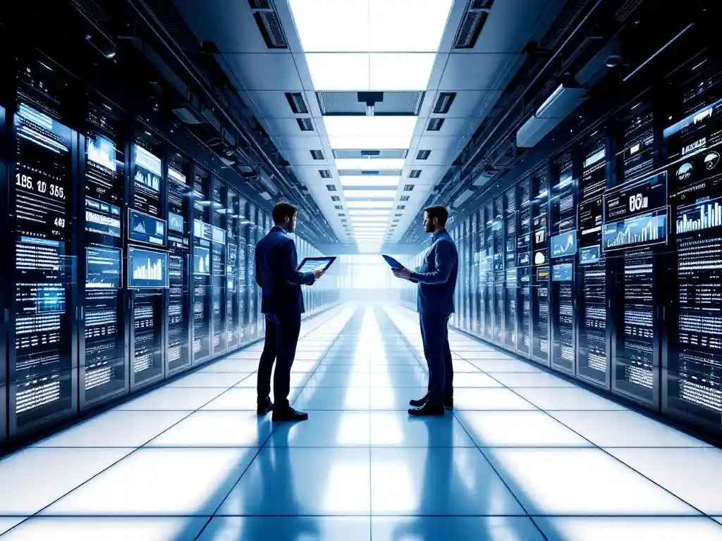 Modern data center with rows of servers, LED lighting, and technician reviewing analytics on tablet in clean white environment.