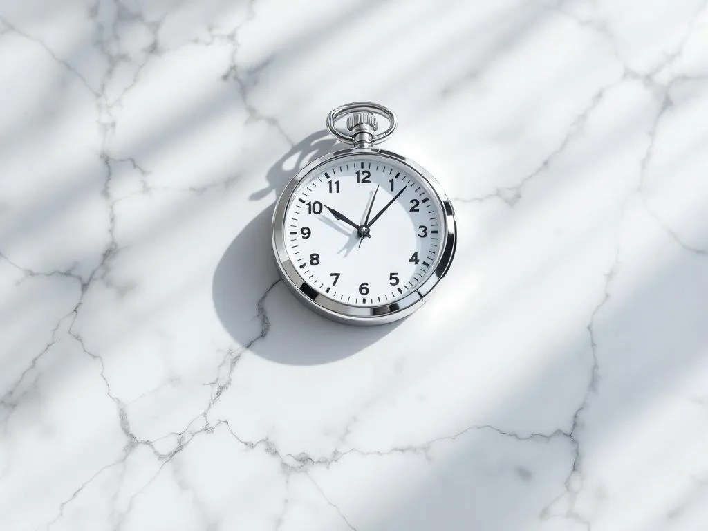 Chrome stopwatch on white marble surface with precise timing marks and clean geometric shadows