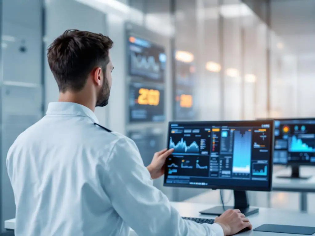 Professional technician examining digital monitoring equipment in modern industrial control room with data screens