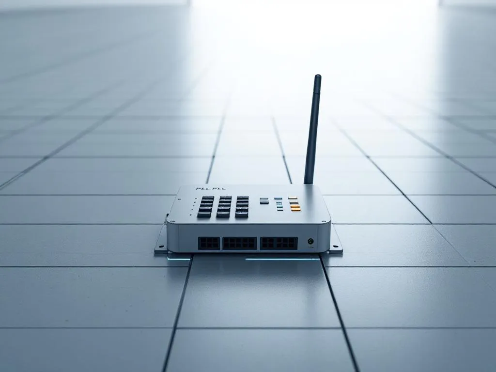 Industrial control panel with wireless antenna on white factory floor, featuring geometric buttons and blue LED indicator