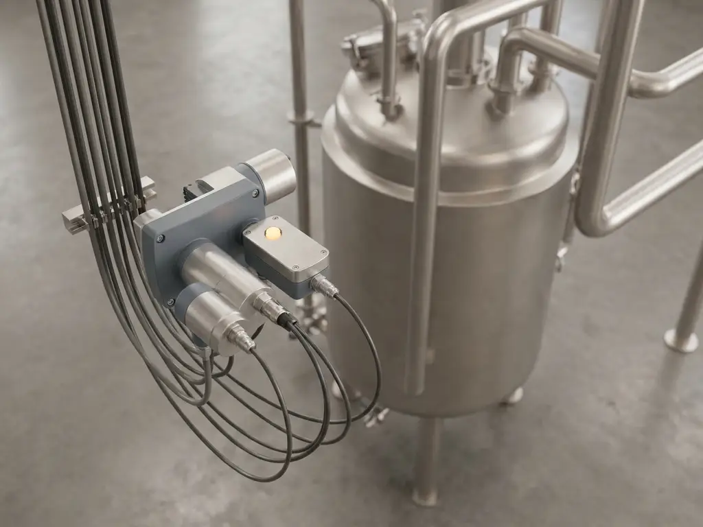 Industrial sensors and data cables connected to a stainless steel batch reactor vessel, amber status indicator glowing, overhead three-quarter view.