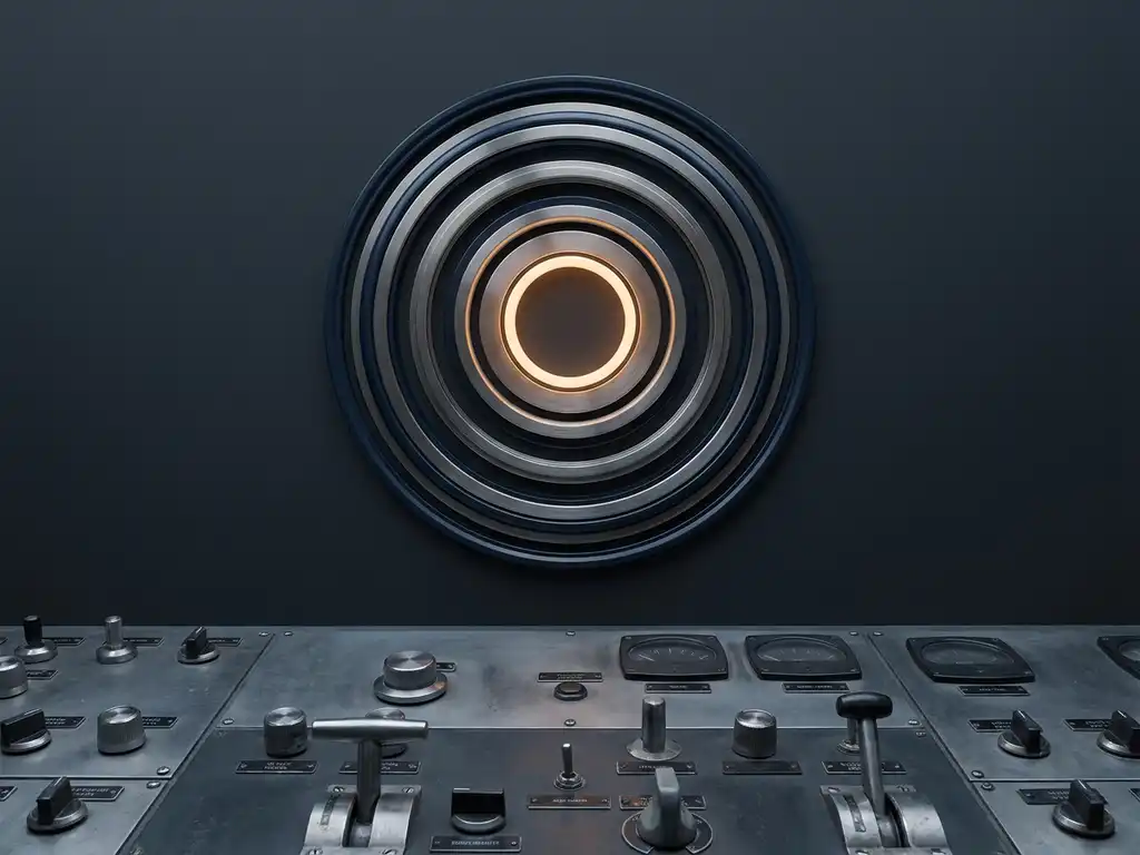 Seven concentric brushed steel rings suspended above an industrial control panel, with a warm amber accent ring at the center, shot from overhead in cool diffused light.
