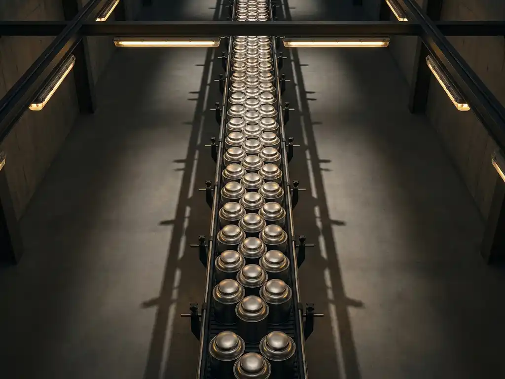 Metal canisters moving in uniform rows along an industrial conveyor belt, amber lighting casting geometric shadows across a dimly lit factory floor.
