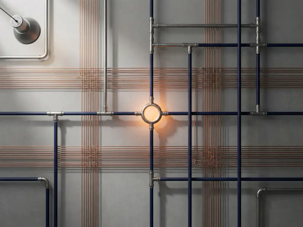 Copper sensor cables connecting industrial pipe junctions on a factory floor, one node glowing amber, shot from overhead in a minimalist flat lay.