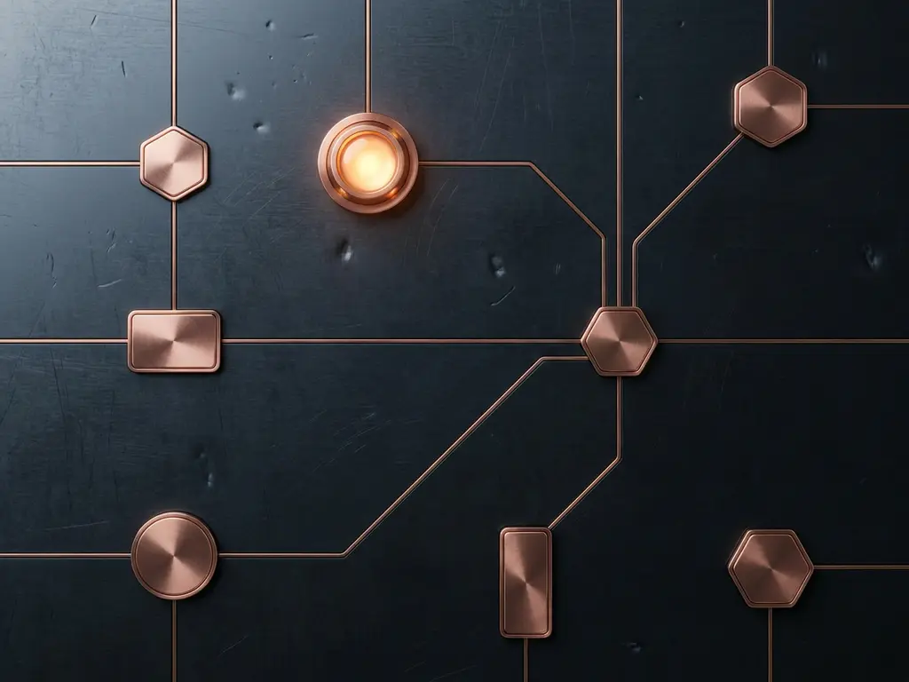 Copper sensor nodes connected by geometric lines on dark steel, one node glowing amber, overhead flat lay with charcoal and warm copper tones.