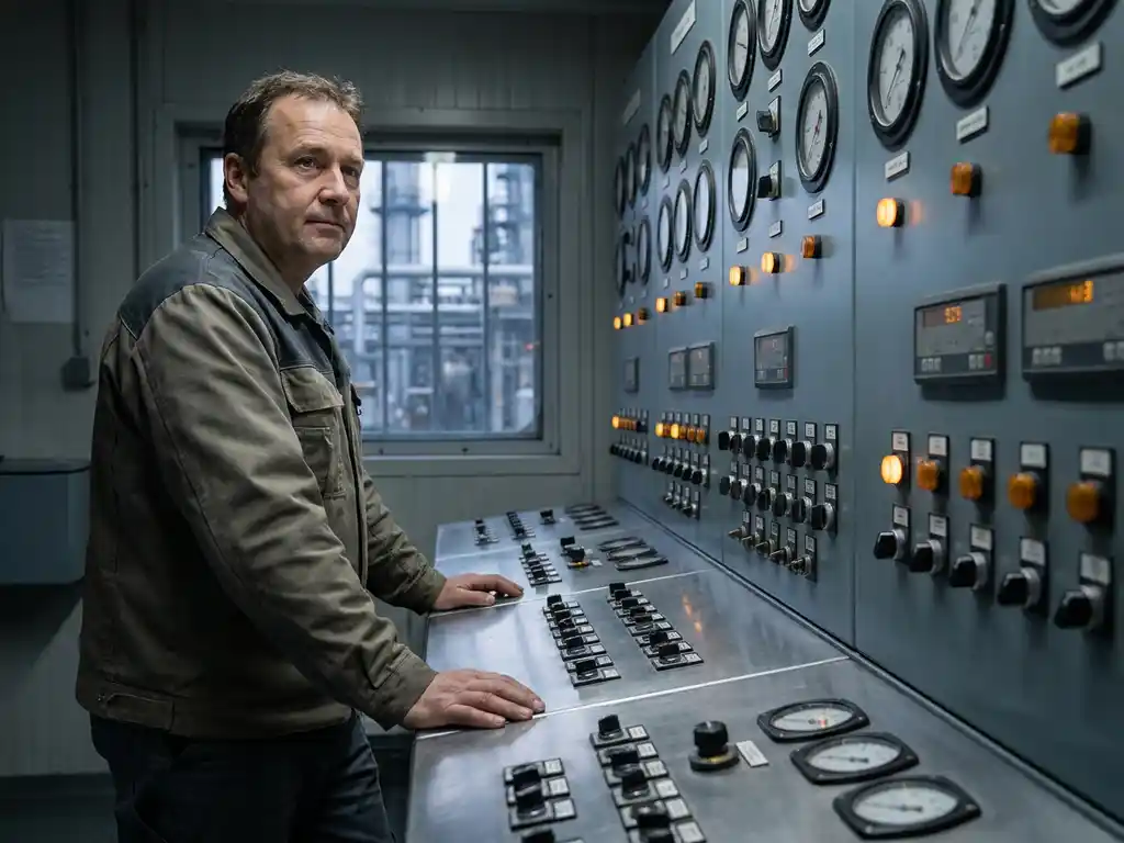 Engineer examining industrial control panel with precision dials, analog gauges, and switches, process plant visible through background window.