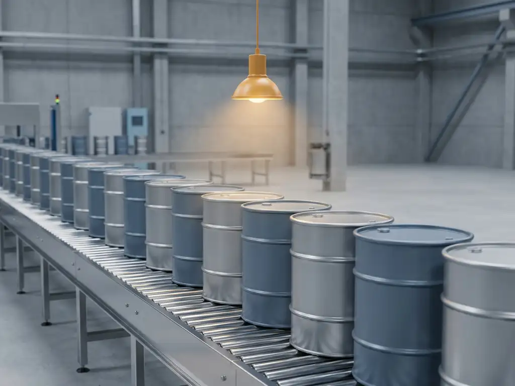 Sealed industrial containers moving along a stainless steel conveyor belt, shot from low angle with cool silver tones and warm amber overhead light.