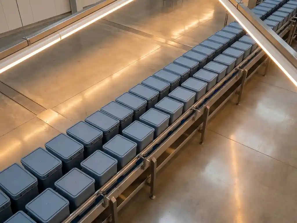 Identical industrial containers aligned on a stainless steel conveyor belt in a clean processing facility under warm amber lighting.
