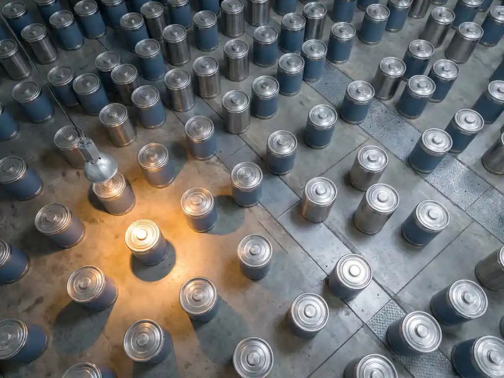 Rows of identical industrial containers on a stainless steel factory floor, one spotlit container highlighted in warm amber among cool silver tones.