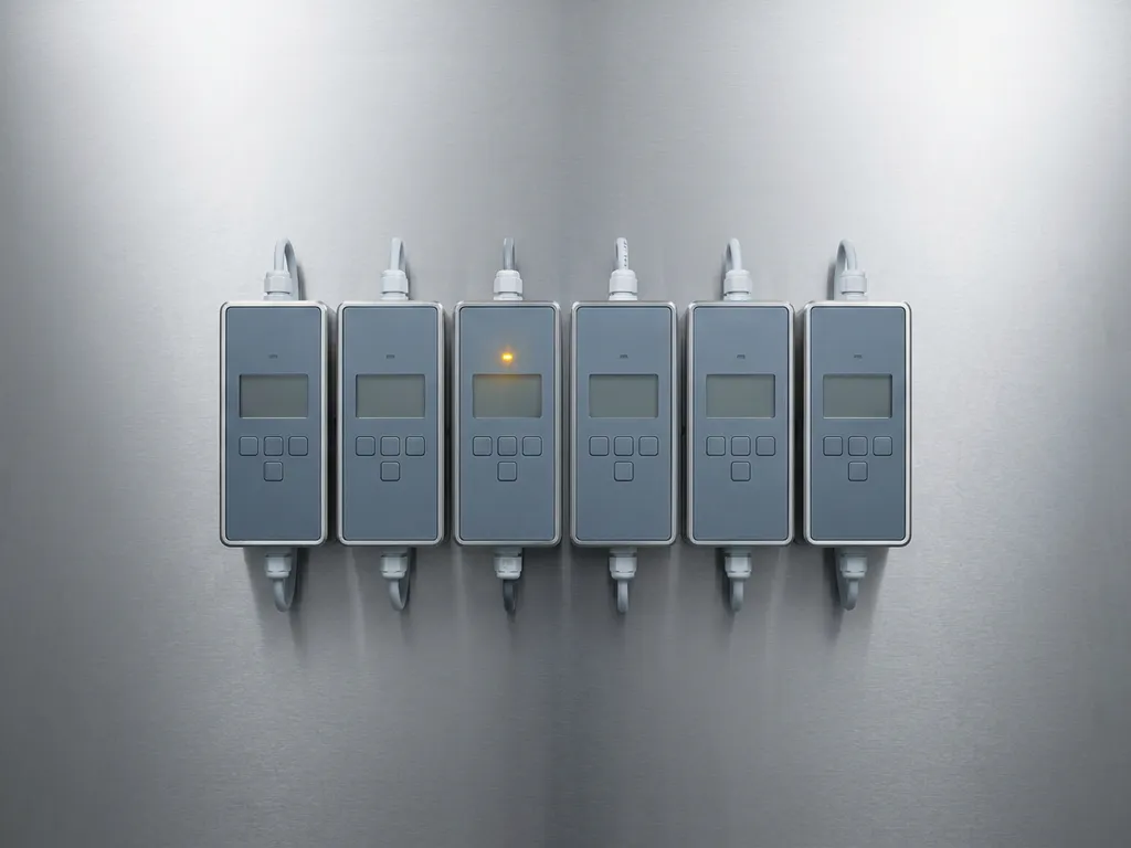 Row of slate grey industrial control modules on brushed steel, one unit illuminated by an amber indicator light.