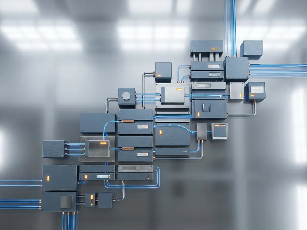 Industrial control modules arranged in geometric formation on polished steel, linked by pipeline segments in slate grey, electric blue, and amber tones.