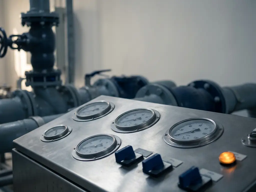 Precision analog control panel with minimal switches on brushed steel, industrial pipeline fittings softly visible in the background.