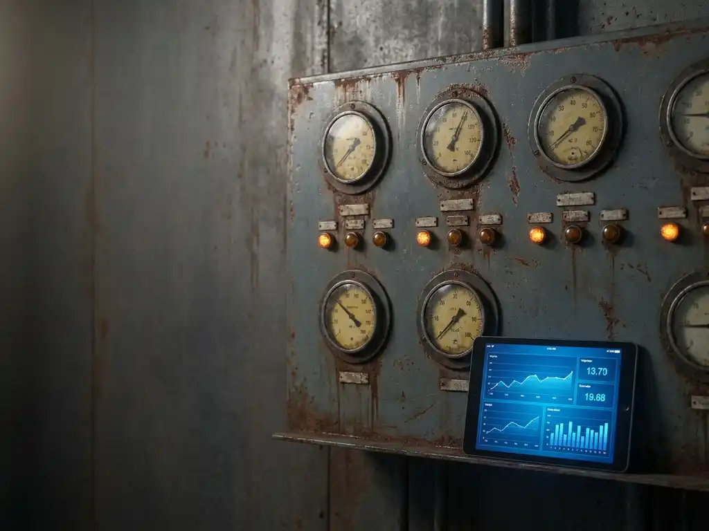 Weathered industrial control panel with analog gauges and rust tones beside a modern diagnostic tablet displaying clean data.