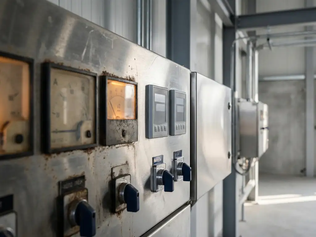 Weathered industrial control panel with worn dials and polished switches in a process plant, lit by soft directional light in steel grey and amber tones.