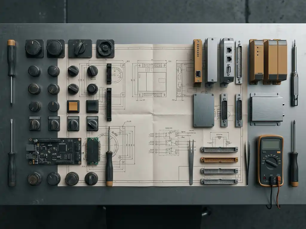 Industrial control panel mid-disassembly on steel workbench, worn legacy components beside new modules atop a technical blueprint.