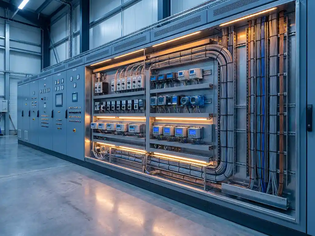 Industrial control panel with modular components and precise wiring inside a process facility, lit by amber accents against slate grey and electric blue tones.