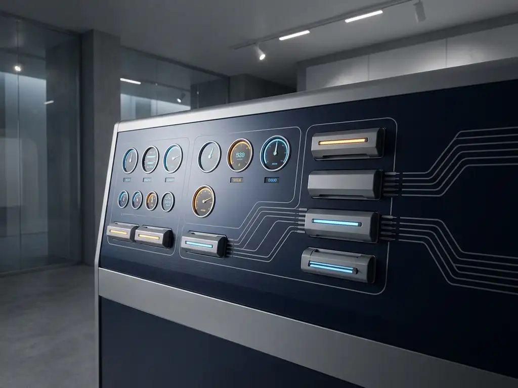 Industrial control panel with geometric dials and modular components connected by flowing network lines in navy, silver, and amber tones.