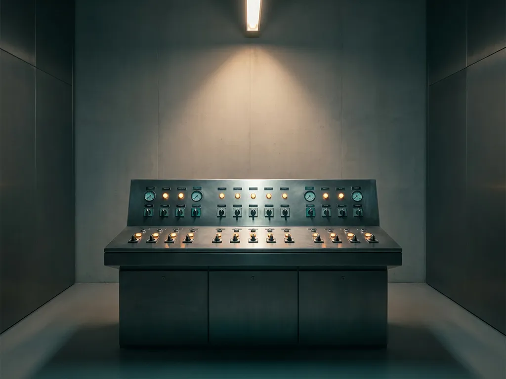 Industrial control panel with rows of switches and teal indicators in a dimly lit, modern process control room.