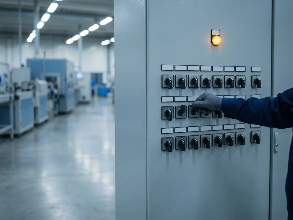 Industrial control panel with rows of switches and a single amber indicator light glowing on a factory floor.