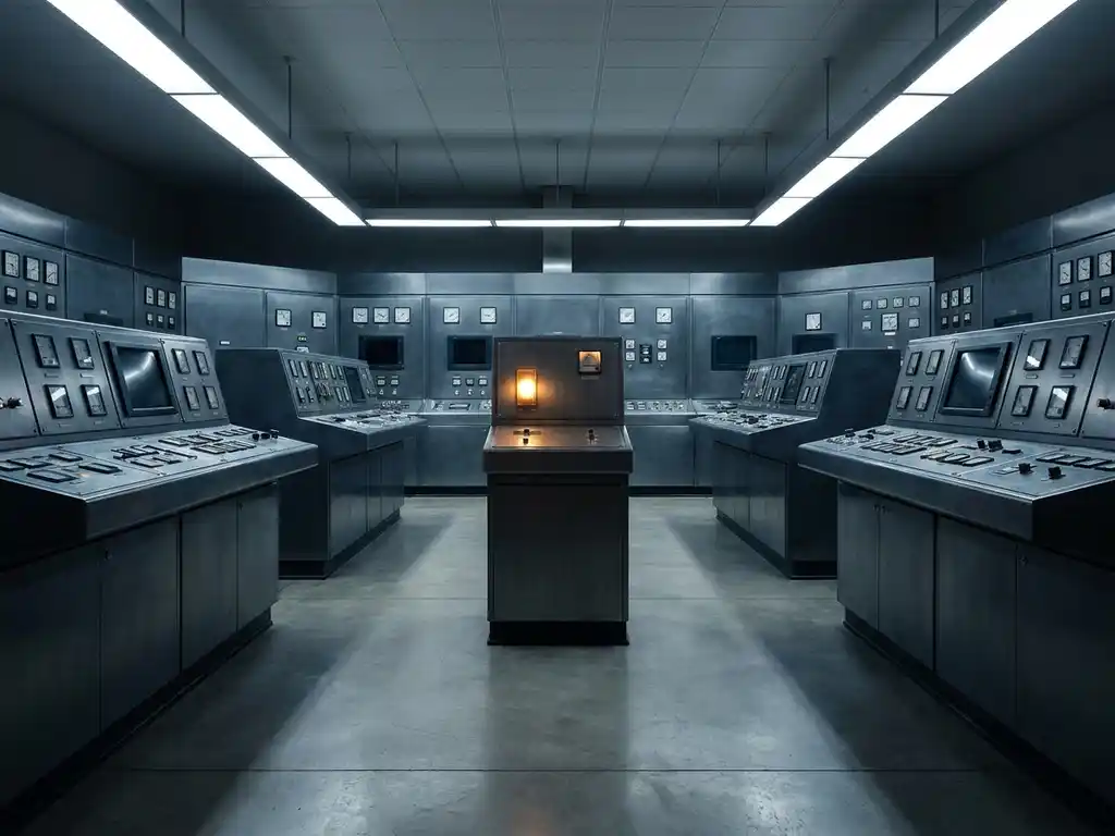 Industrial control room with glowing operator panel, rows of instrument displays in steel-gray and navy, single amber indicator light accent.