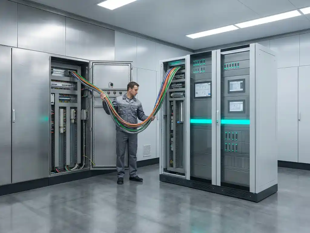 Industrial control panel with neatly routed cable bundles being migrated to a modern DCS rack in a clean process plant control room.