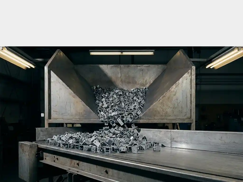 Industrial hopper mid-pour overloading one section of a factory conveyor belt with metal components while the belt ahead sits empty.