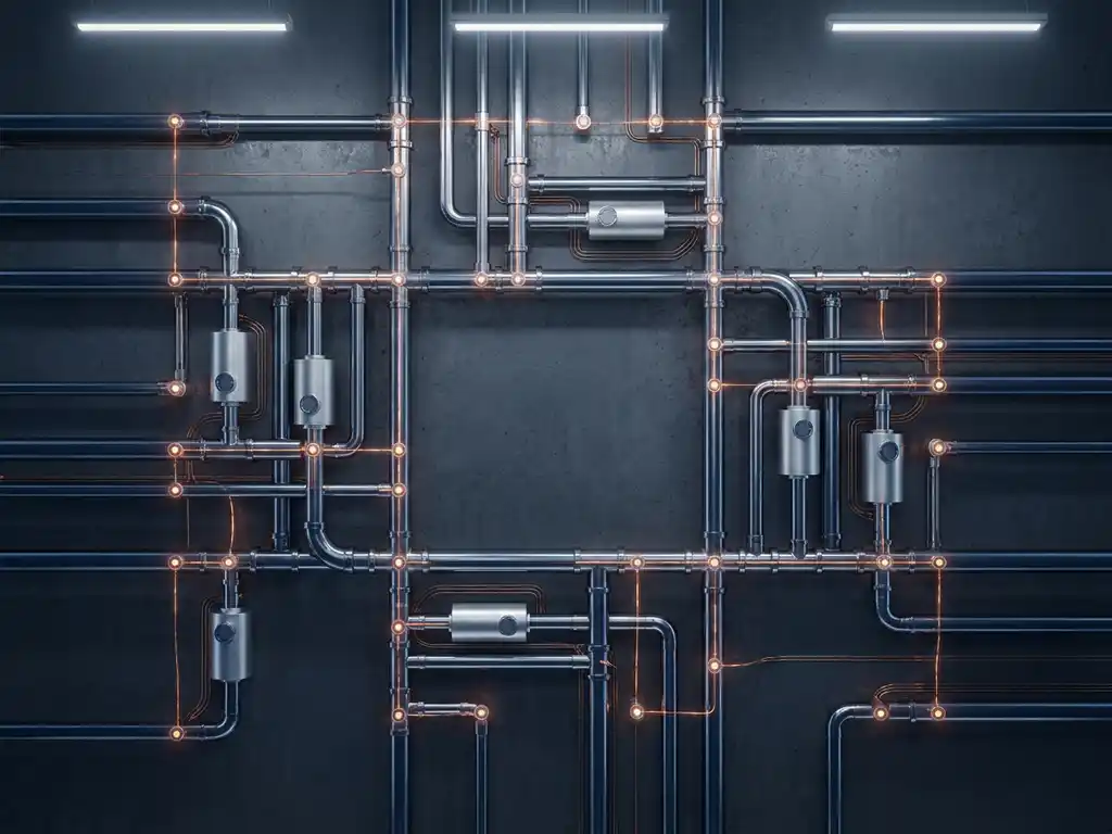 Metallic industrial pipes and sensors connected by copper wiring on a factory floor, with glowing amber data nodes in a flat lay geometric arrangement.