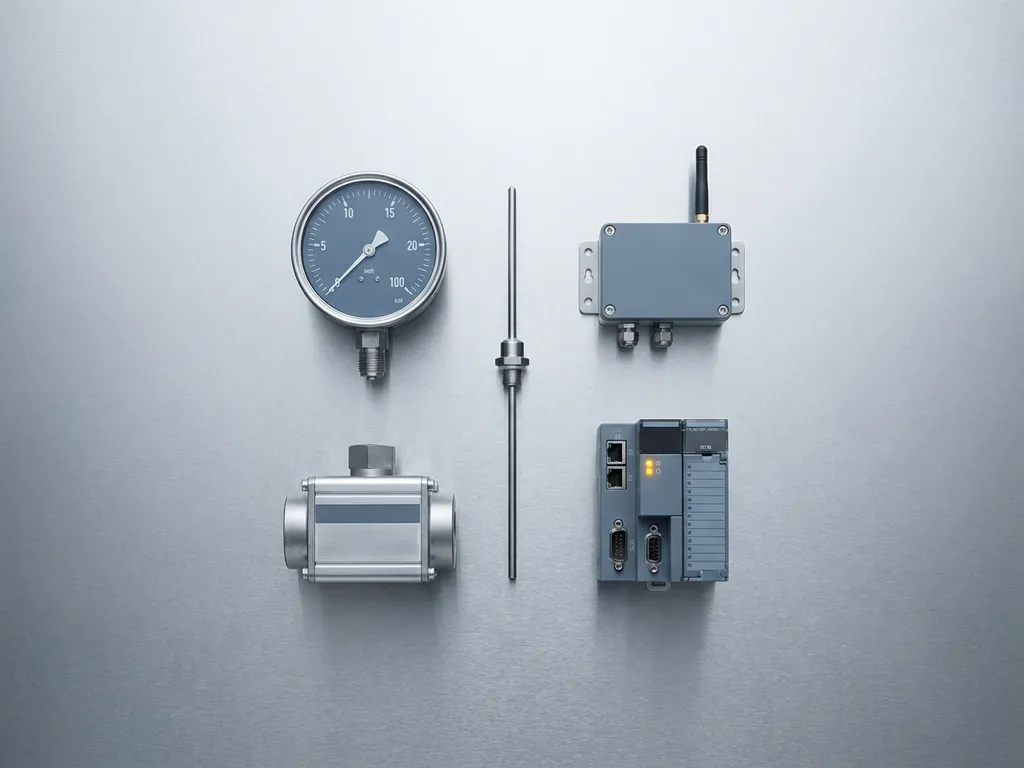 Five industrial IoT sensors including a pressure gauge, flow meter, temperature probe, wireless transmitter, and PLC module arranged in a flat lay on brushed steel.