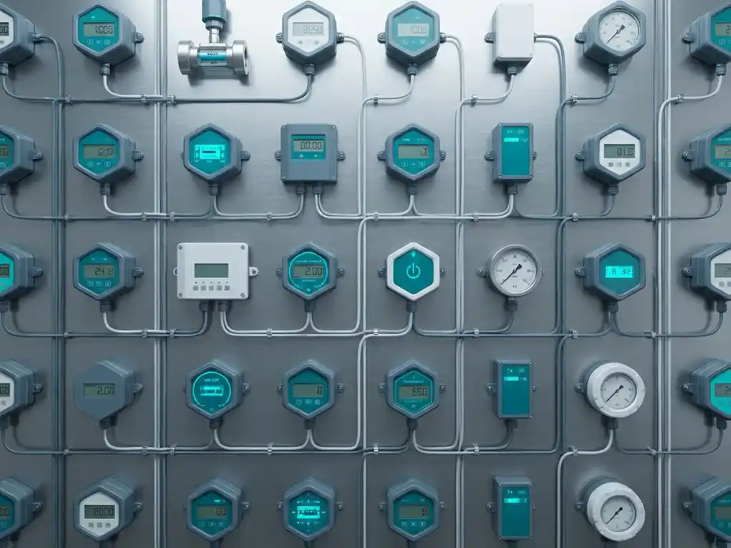 Industrial IoT sensors, flow meters, and pressure gauges arranged geometrically on brushed steel, connected by clean cable lines.