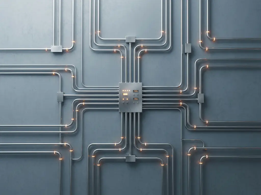 Silver industrial pipe network converging into a central control panel, amber indicator lights glowing at junctions, overhead flat lay view.
