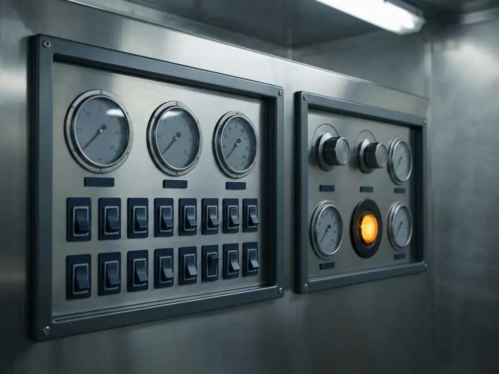 Industrial pipeline control panel with dual instrument clusters, geometric dials, and a single amber indicator light on polished steel.