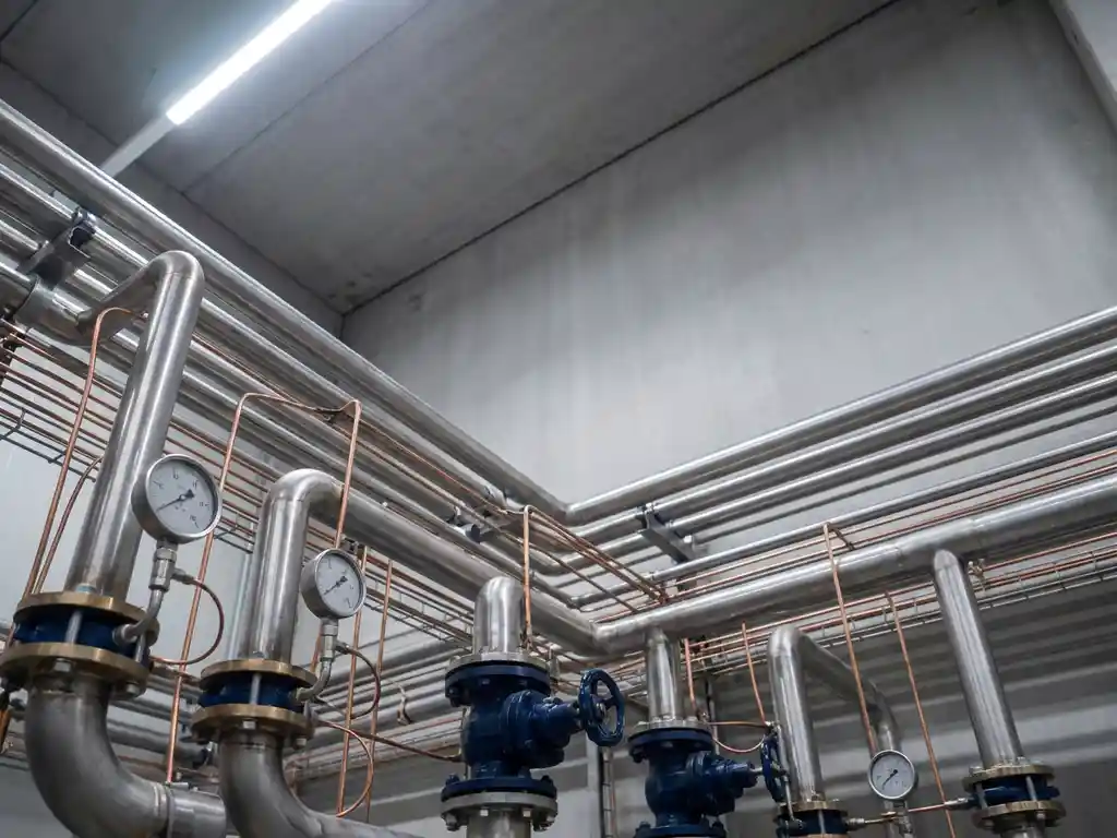 Copper sensor cables connecting industrial pipeline, pressure gauges, and control valves in a factory, steel grey and navy tones under diffused lighting.