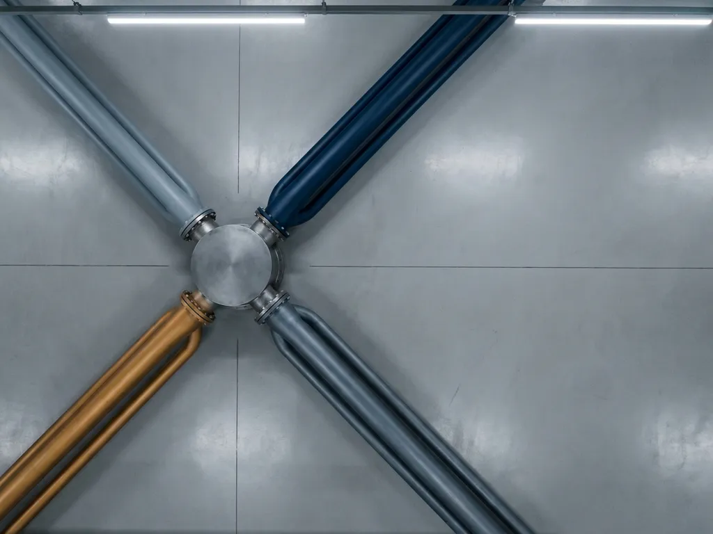 Four industrial pipeline sections branching from a central manifold hub, each in a distinct matte metal finish, photographed from overhead in a clean factory setting.