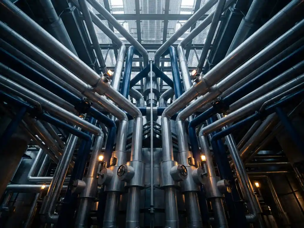 Industrial pipeline network viewed from below, symmetrical steel tubes branching outward with silver and navy tones, amber-lit junction nodes, diffused overhead light.