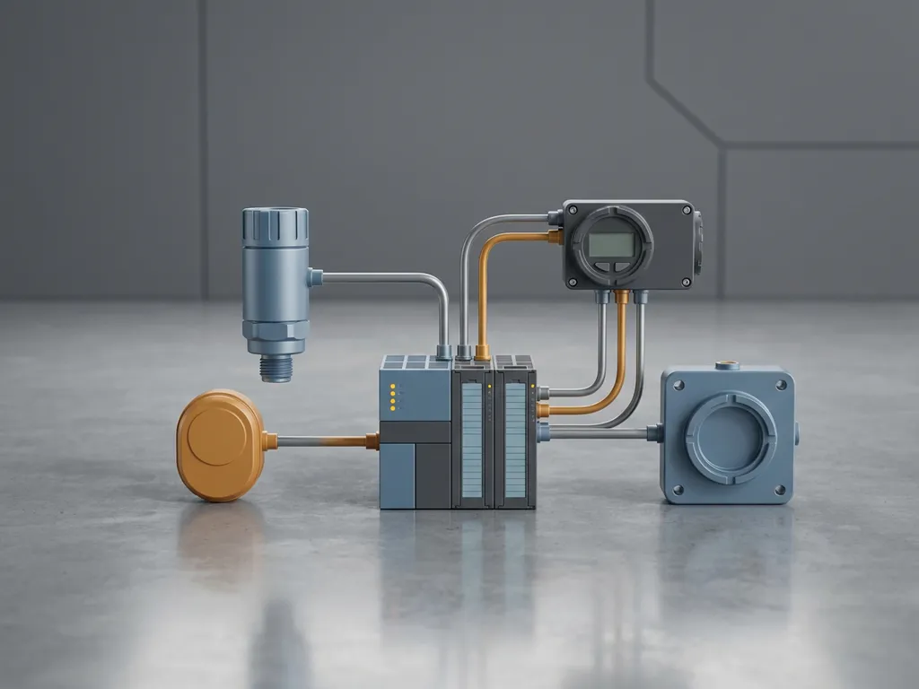 Four industrial sensors and smart devices linked by metallic conduit to a compact PLC module on polished concrete, minimalist digital art style.