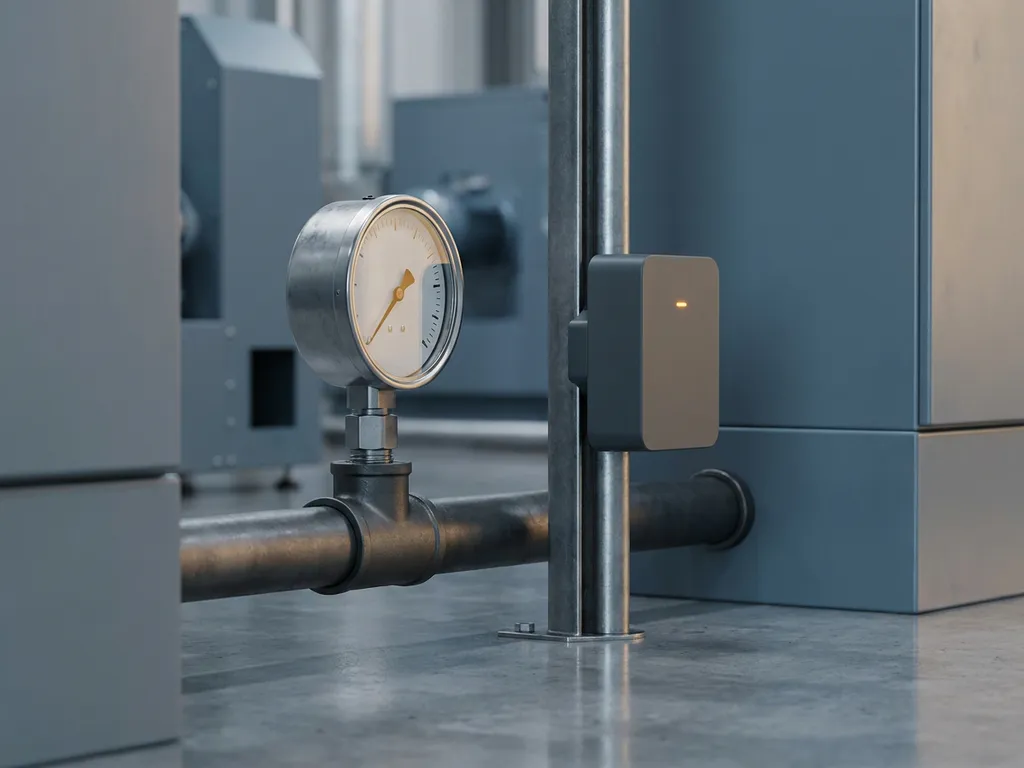 Industrial pressure gauge on steel pipe next to a minimalist smart sensor on polished concrete in a factory setting.