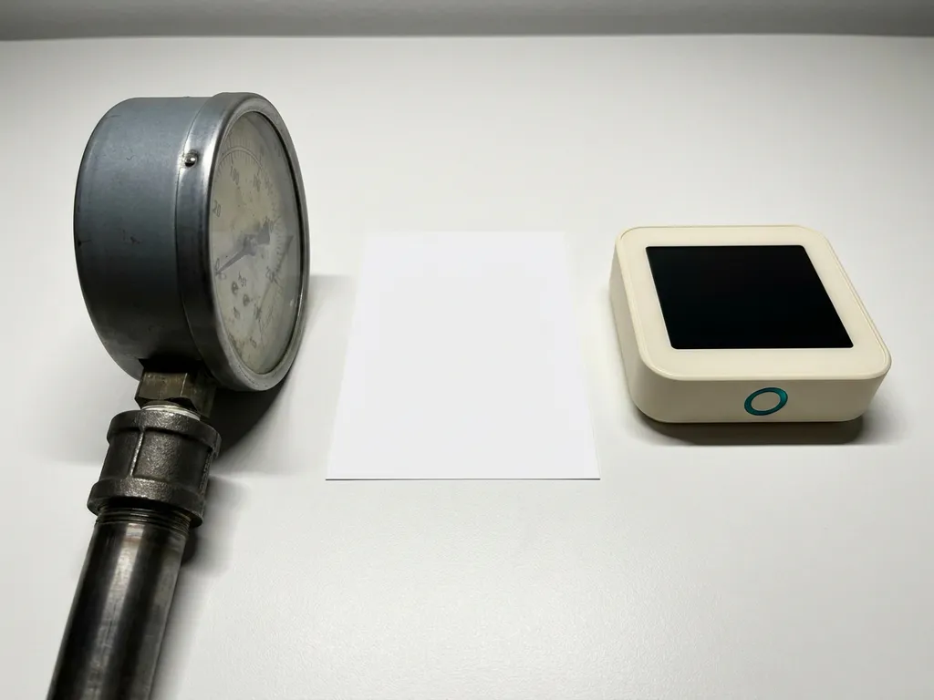 Industrial pressure gauge on steel pipe beside a smart home thermostat, contrasting analog and digital home systems against a minimal white surface.
