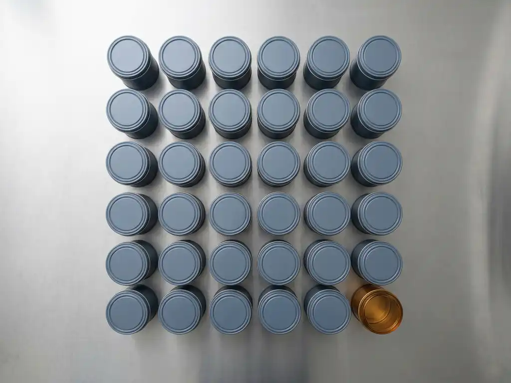 Uniform cylindrical canisters arranged in a precise grid on a stainless steel factory surface, one amber-toned container among cool grey rows.
