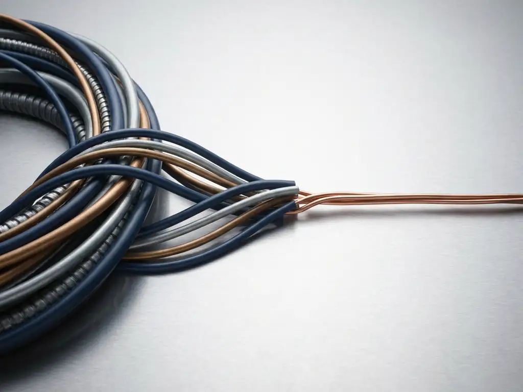 Industrial sensor cables and pipes transitioning into a single clean copper wire on a brushed steel surface, symbolizing data simplification.