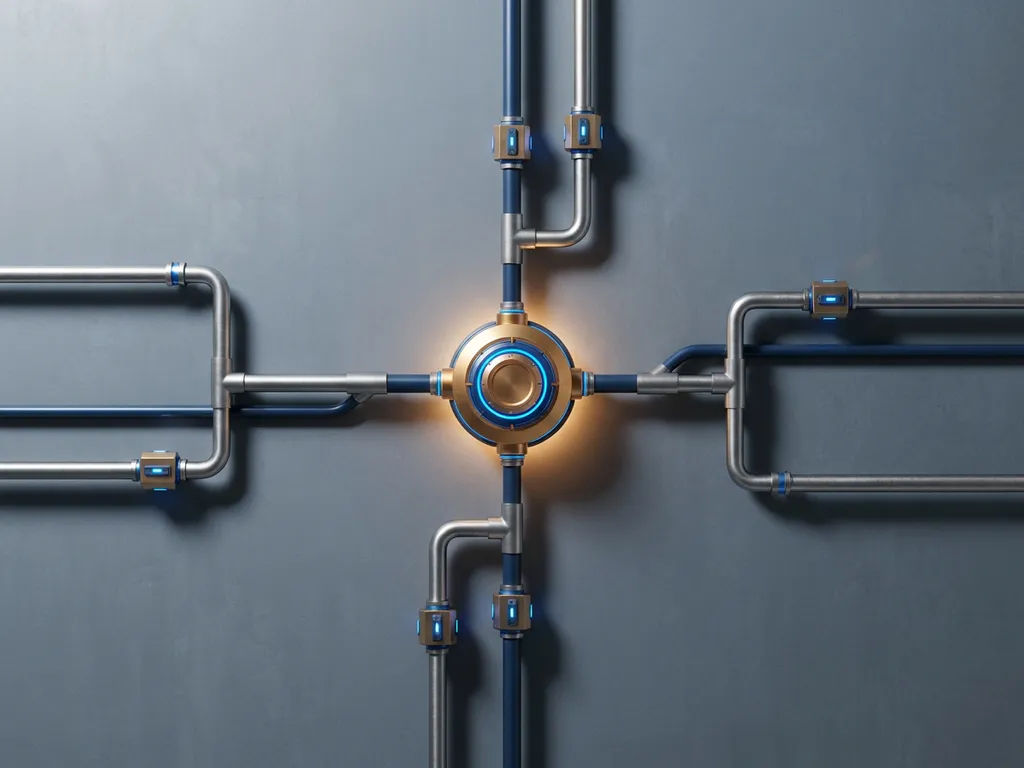 Industrial sensors and pipes converging into a glowing control node on a factory floor, steel blue and amber tones, overhead flat lay view.